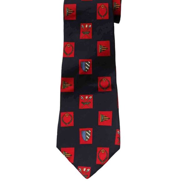 Vintage Chaps Ralph Lauren Silk Tie Red Navy Blue Heraldic Shields Men's - Picture 1 of 2